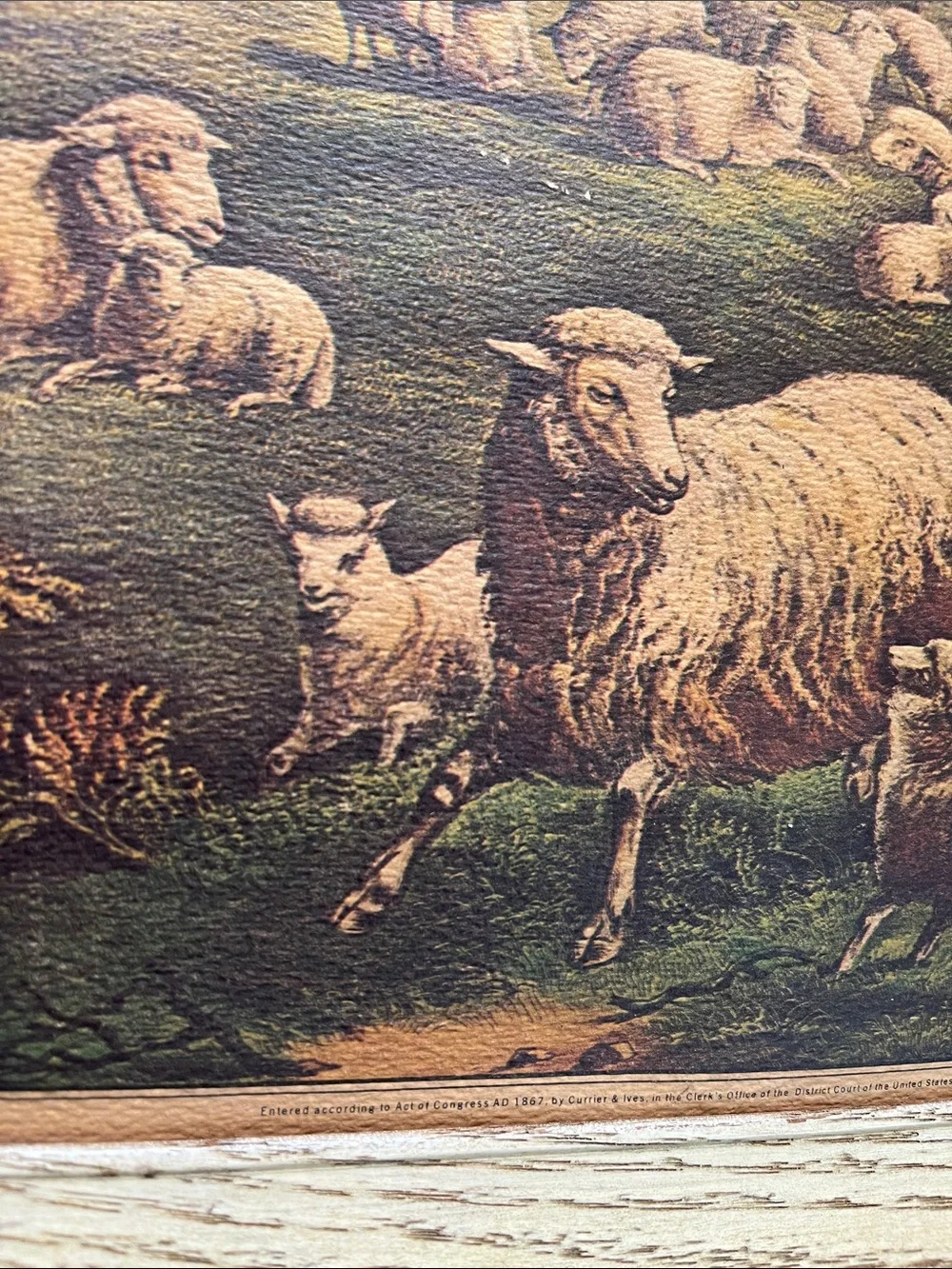 Vtg Currier & Ives Framed ‘The Twin Lambs’ Sheep In Meadow MCM *READ*